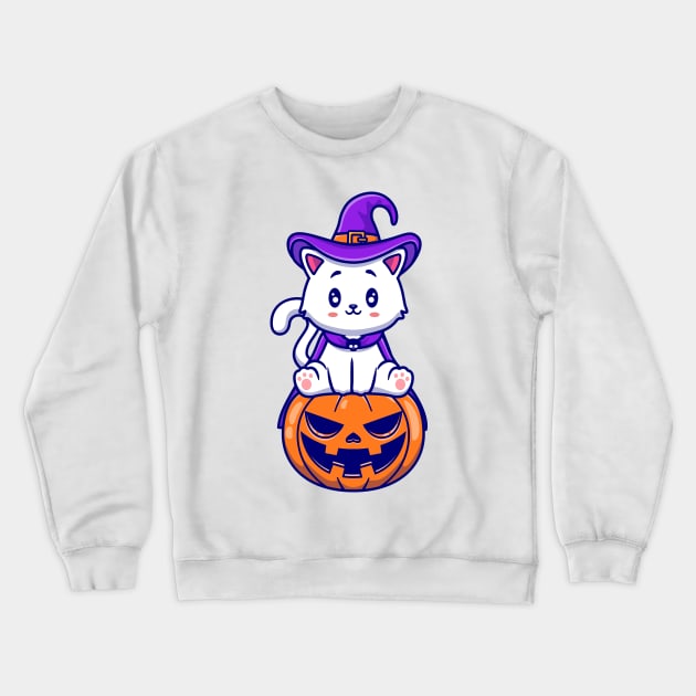 Cute Cat Witch Sitting On Pumpkin Cartoon Crewneck Sweatshirt by Catalyst Labs